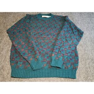 Crossings Vintage 90s Mens Large Cotton Knit Sweater Teal Geometric Made in USA